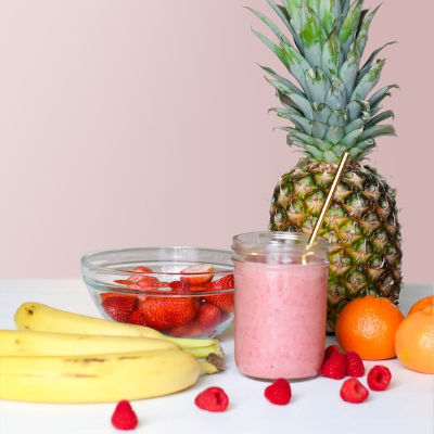 healthy food, bananas, pineapple, berries, smoothie
