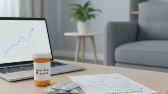 living room with a pill bottle, blister packs, and a “Xylazine & Nitazenes” lab report on a coffee table, illustrating a serious yet calm home detox setting for the blog post “2026 Update: Xylazine & Nitazenes – Emerging Substances and Home Detox Considerations.