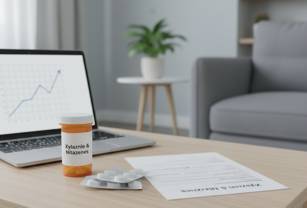 living room with a pill bottle, blister packs, and a “Xylazine & Nitazenes” lab report on a coffee table, illustrating a serious yet calm home detox setting for the blog post “2026 Update: Xylazine & Nitazenes – Emerging Substances and Home Detox Considerations.